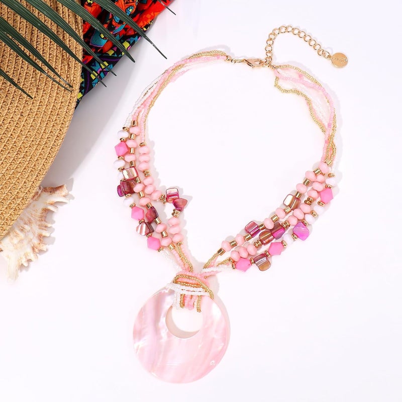 Coiris Shell Pendant Statement Strand Necklace for Women Boho Multi Beads Natural Stone Colorful Necklace Bohemian Handmade Chunky Shell Beaded Collar Jewelry for Women - Image 5